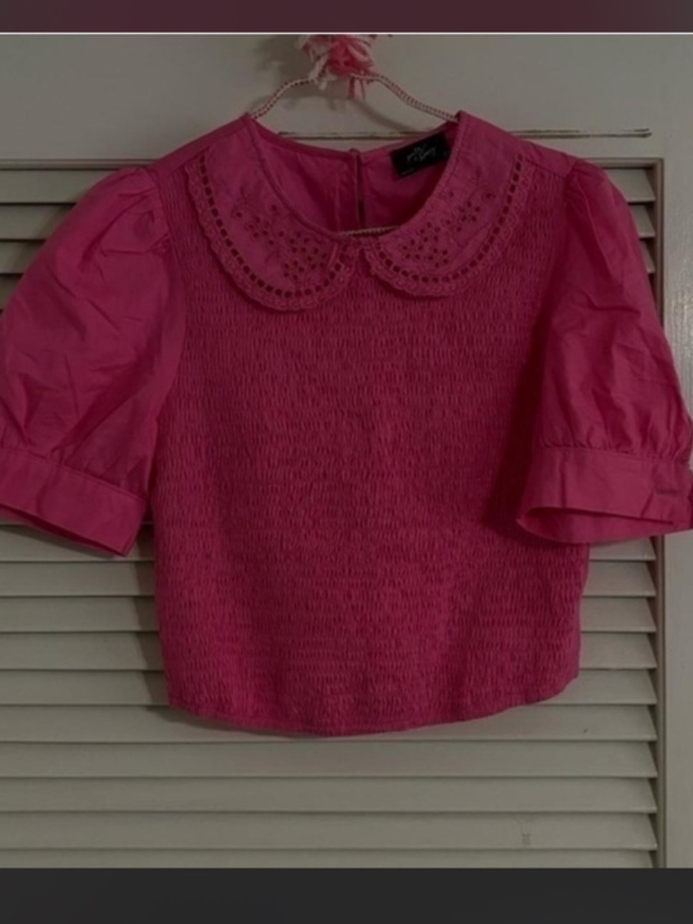 Pink Eyelet Collar Puff Sleeve Smocked front  Top